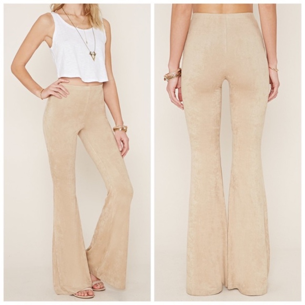 Faux Suede Boho Flared Pants in Taupe - Picture 1 of 3